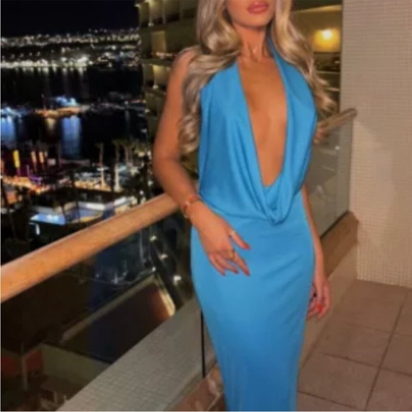 Zara Long Draped Halter Dress Cowl Neckline Electric Blue 8342/364 014/287 - Picture 2 of 10